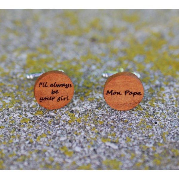 Houten manchetknopen Kersen rond te graveren 18mm