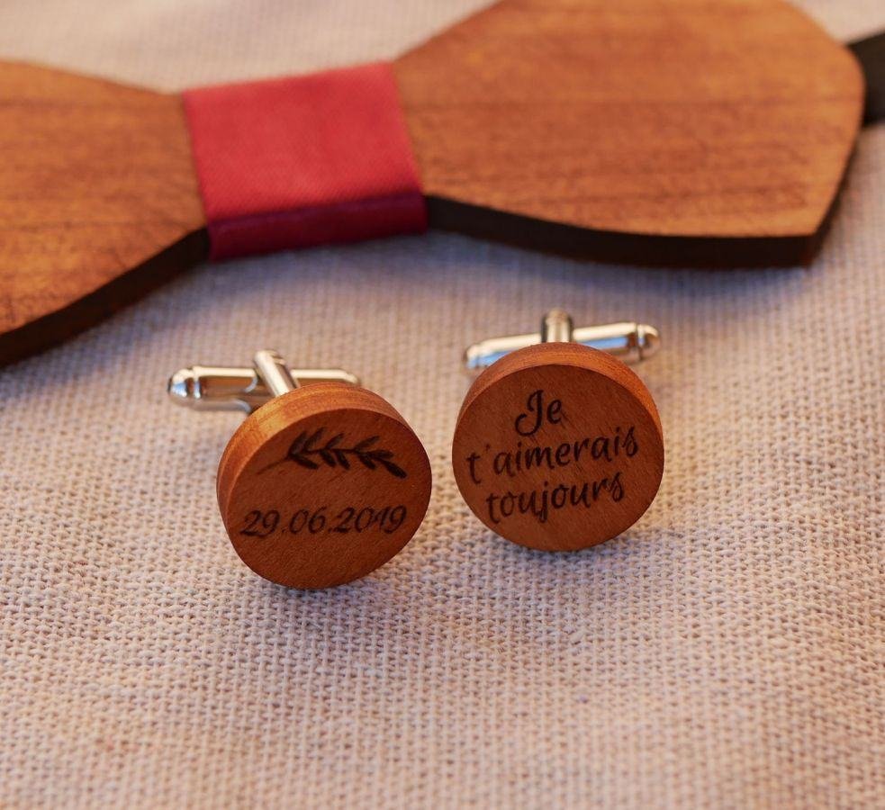 Houten manchetknopen Kersen rond te graveren 18mm