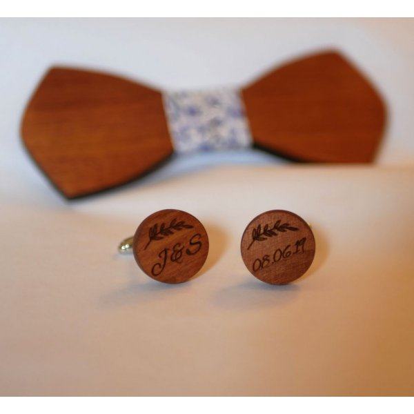 Houten manchetknopen Kersen rond te graveren 18mm