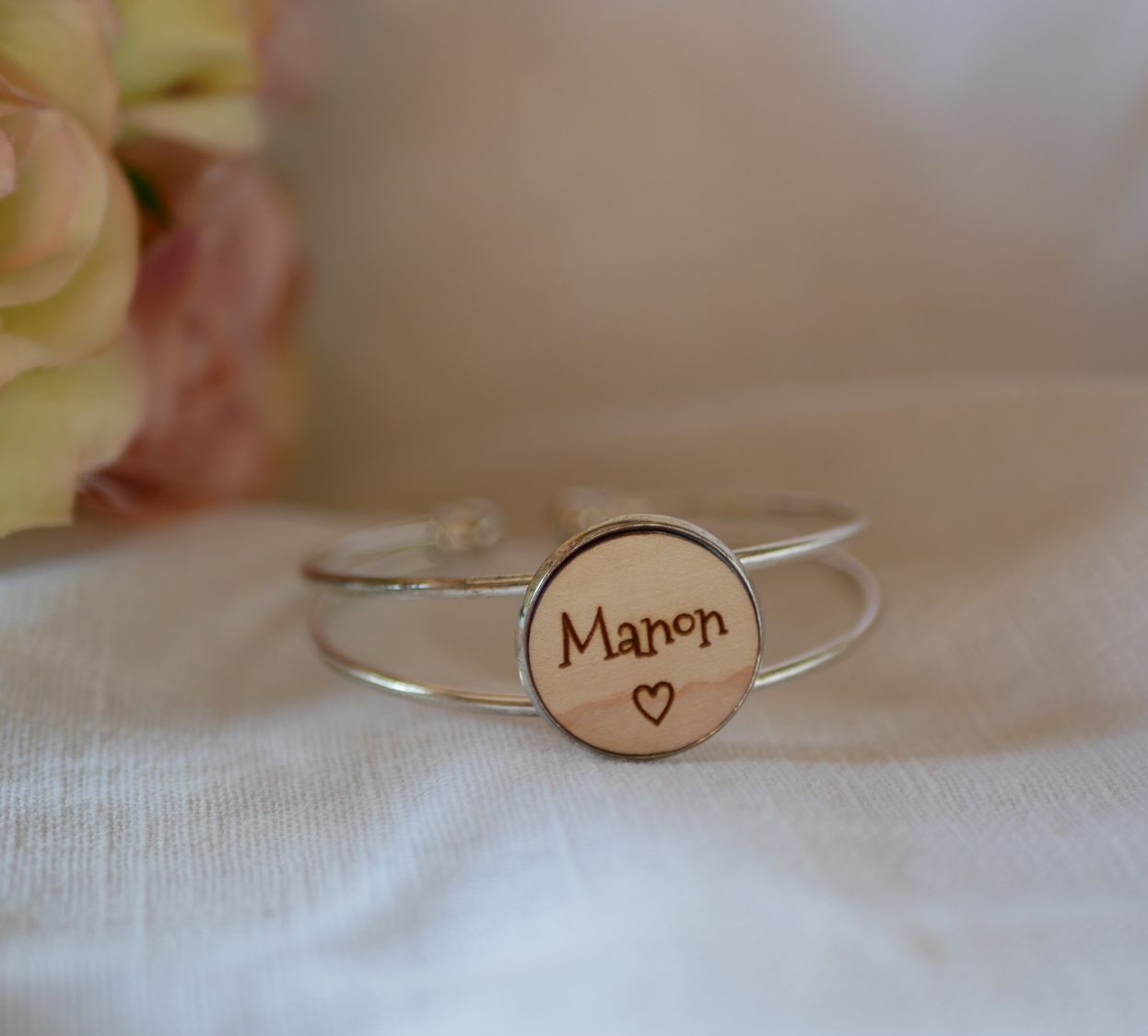 Armband met houten cabochon om te personaliseren en verzilverd metaal
