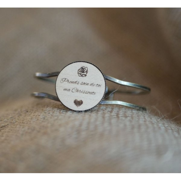 Messing en houten armband met aanpasbare cabochon 