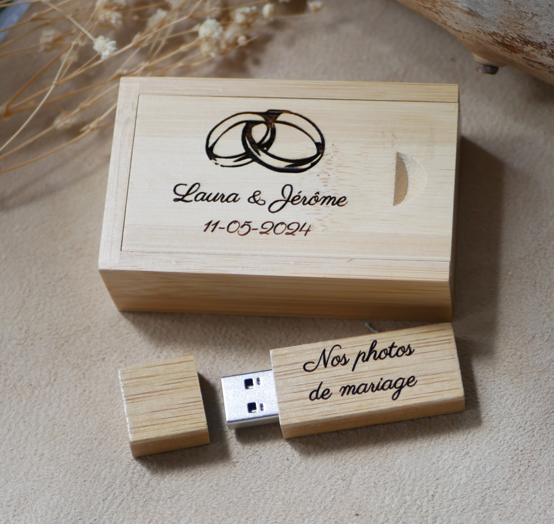 32 GB USB 3.0-sleutel in een bamboe doos die kan worden gepersonaliseerd door gravure 