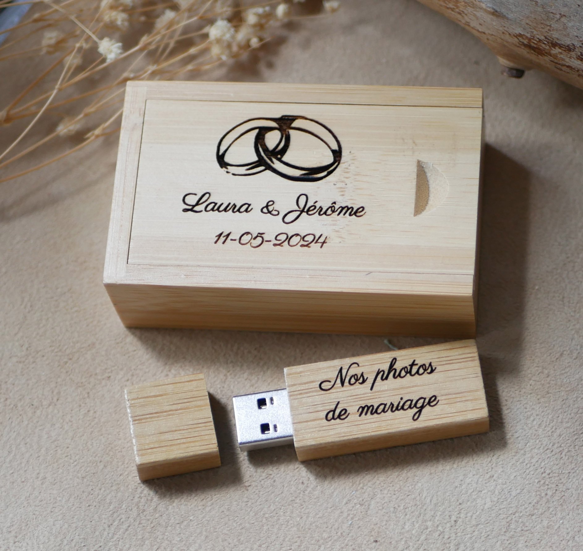 32 GB USB 3.0-sleutel in een bamboe doos die kan worden gepersonaliseerd door gravure 