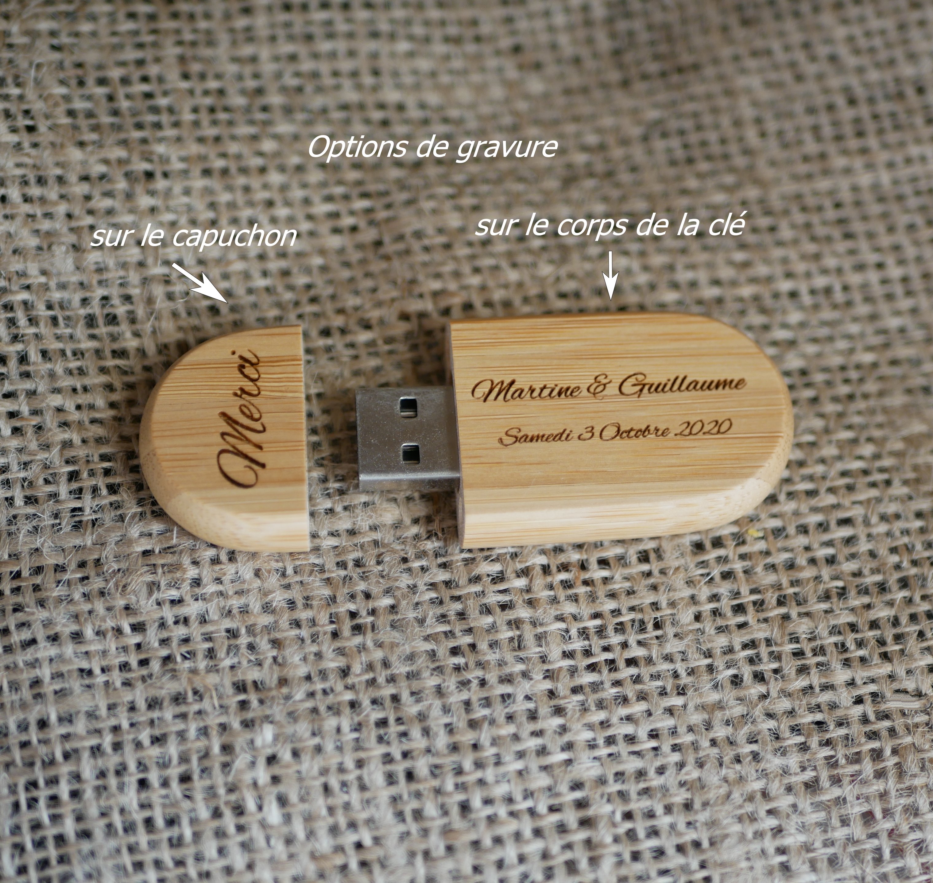 Ovale USB-sleutel, te personaliseren door gravure, houtsoort naar keuze