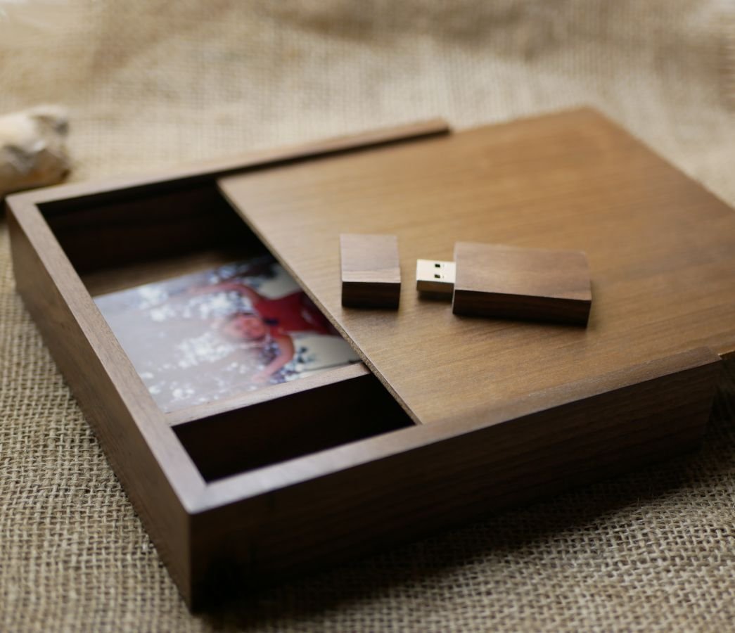 Walnoot hout 3.0 USB flash drive en fotohoesje, 32 GB, aanpasbaar