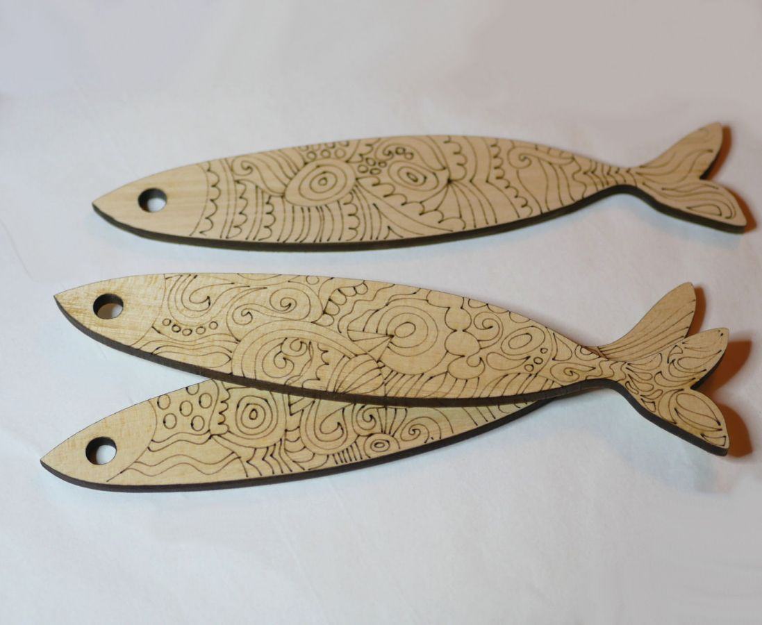 Wanddecoratie Sardines in hout gegraveerd om geschilderd te worden 