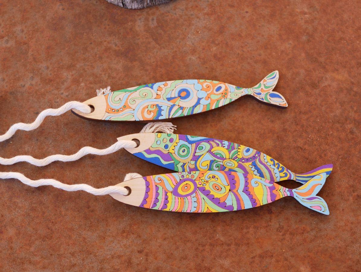 Wanddecoratie Sardines in hout gegraveerd om geschilderd te worden 