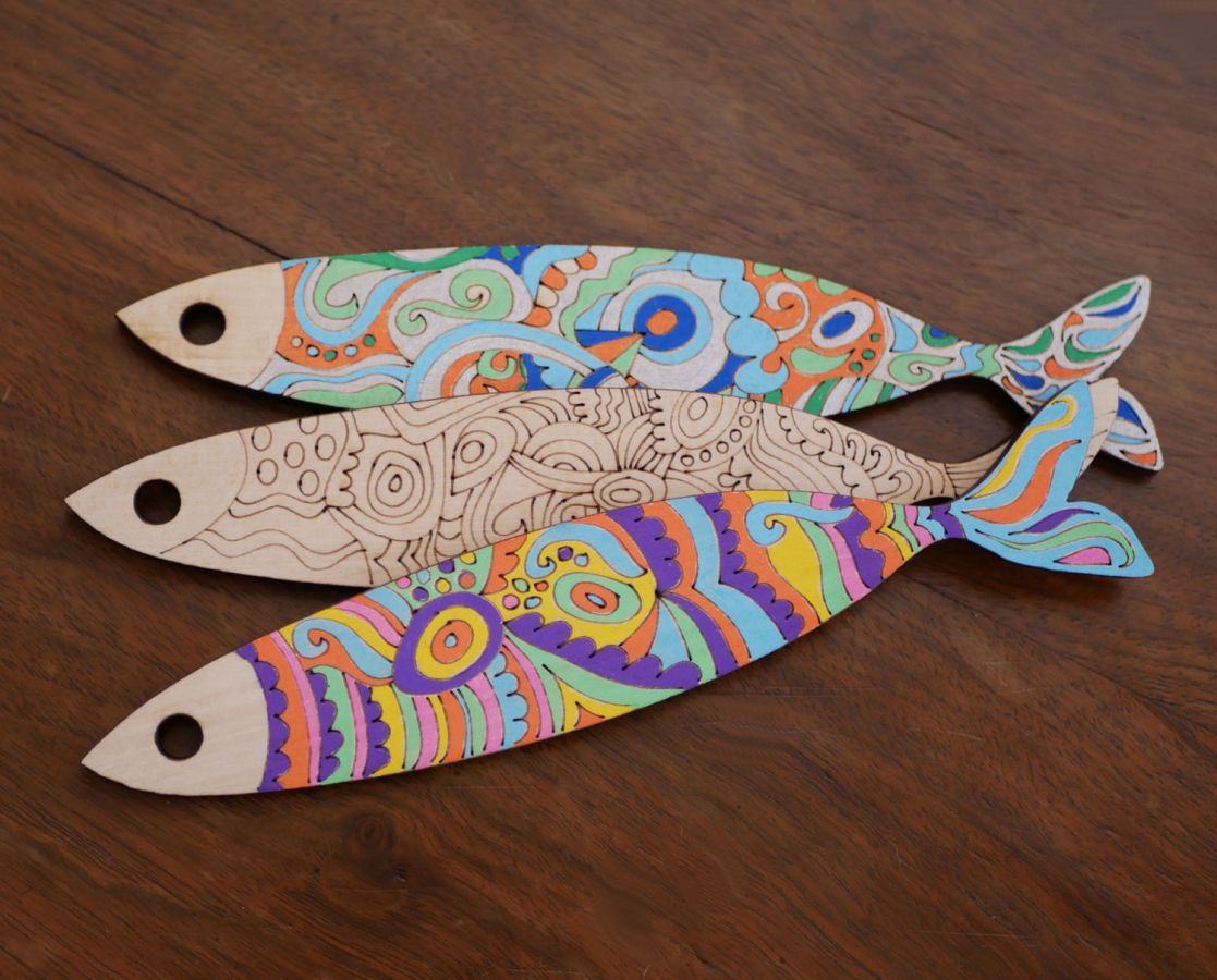 Wanddecoratie Sardines in hout gegraveerd om geschilderd te worden 