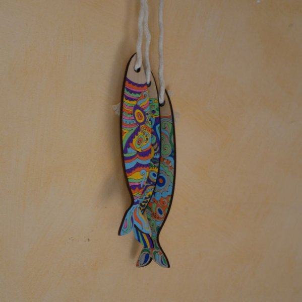 Wanddecoratie Sardines in hout gegraveerd om geschilderd te worden 