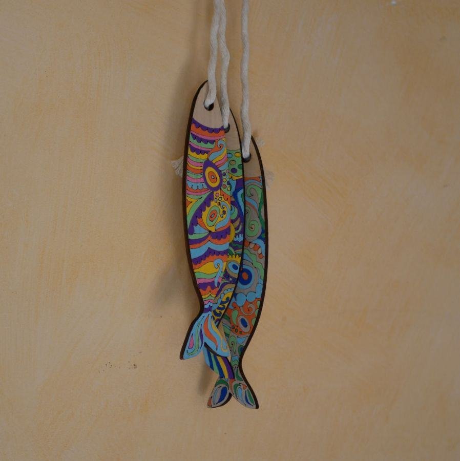 Wanddecoratie Sardines in hout gegraveerd om geschilderd te worden 
