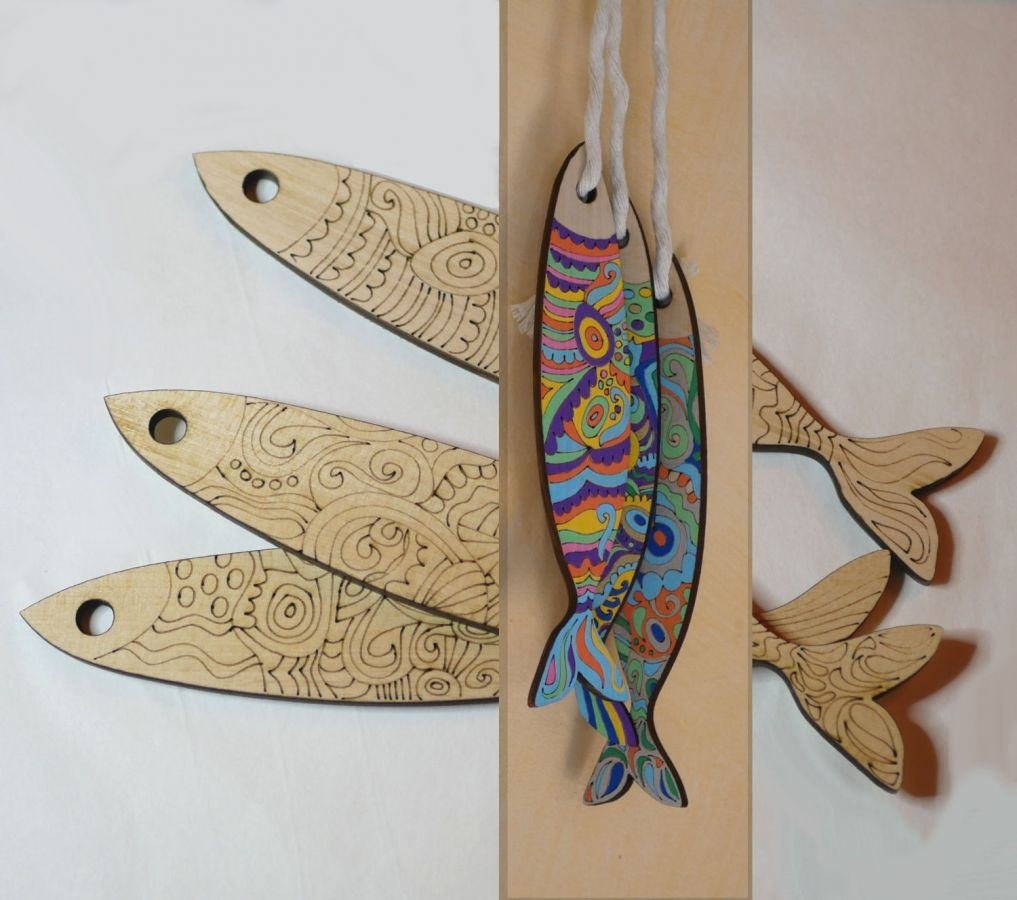 Wanddecoratie Sardines in hout gegraveerd om geschilderd te worden 