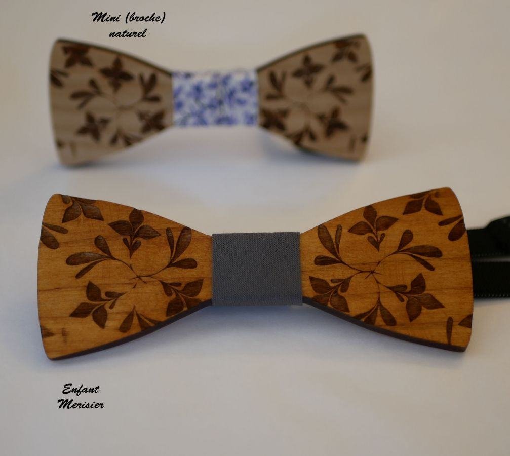 Houten mini strikje voor kinderen gegraveerd met bloemen, te personaliseren met hetzelfde model voor kinderen en mannen
