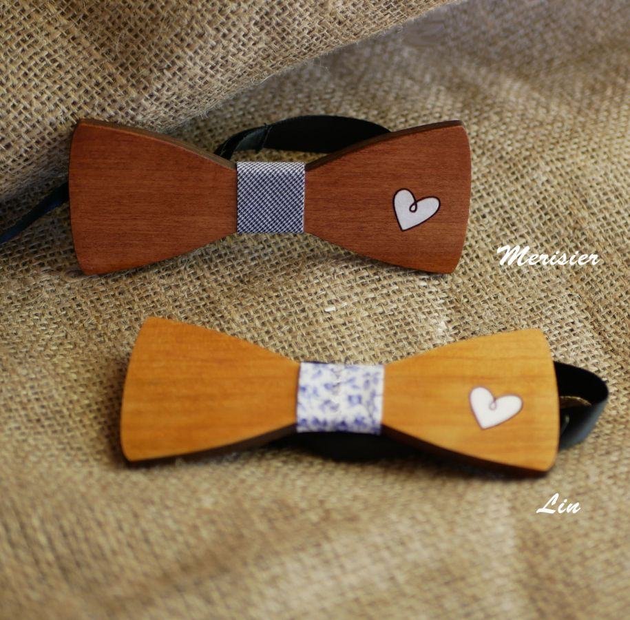 Houten vlinderdas met gegraveerd en geschilderd hart, te personaliseren made in France