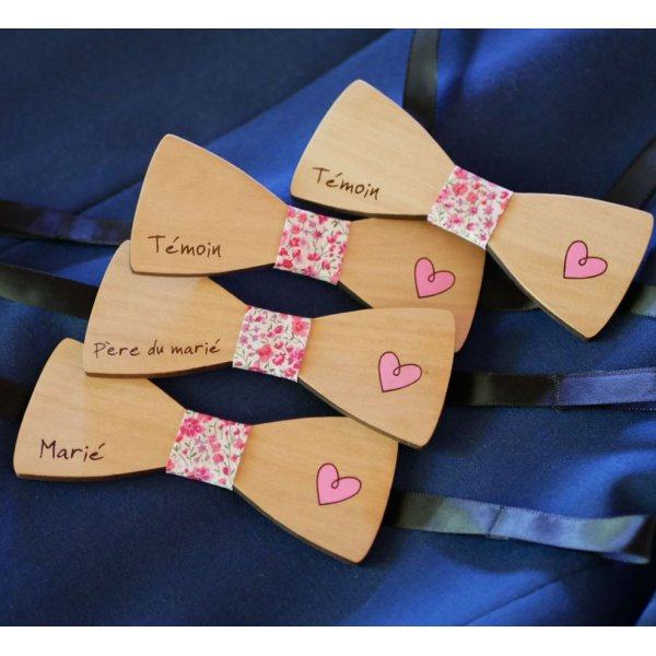 Houten vlinderdas met gegraveerd en geschilderd hart, te personaliseren made in France