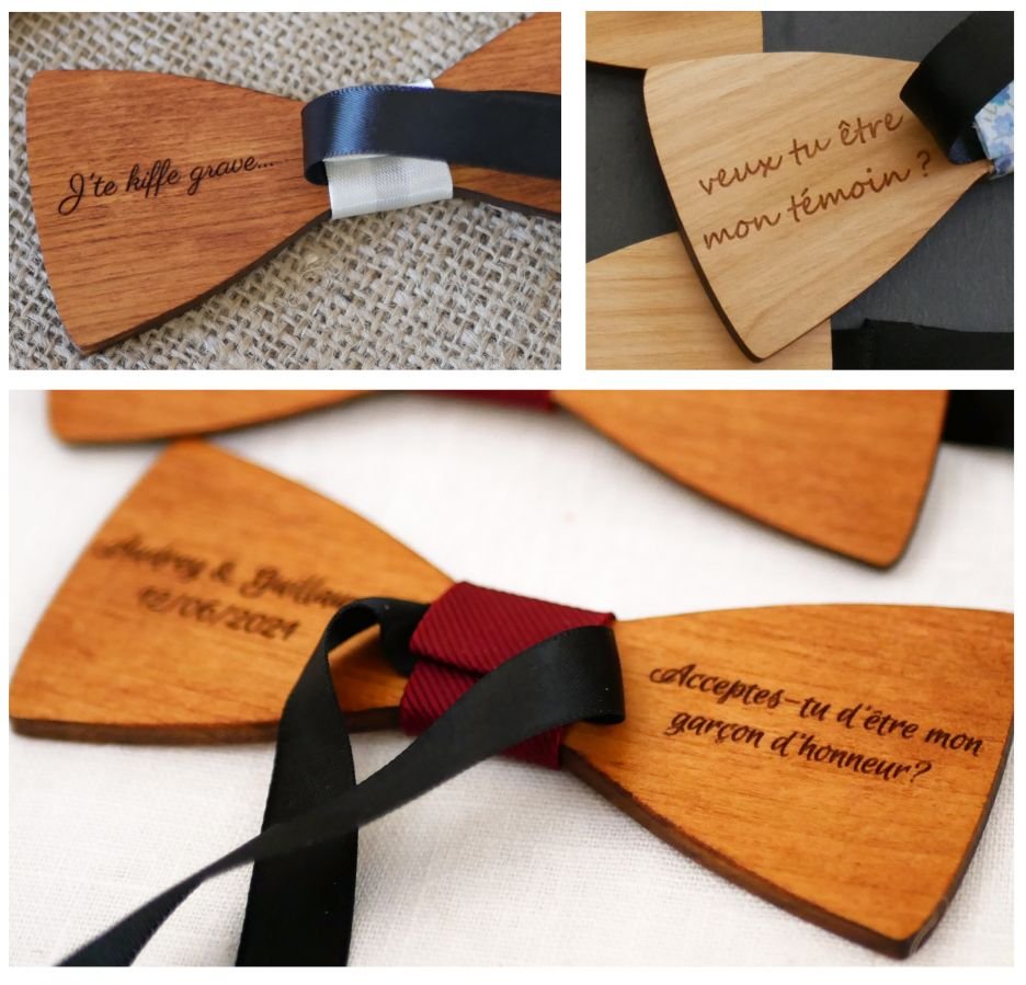 Houten vlinderdas met ontwerp naar keuze gegraveerd made in France