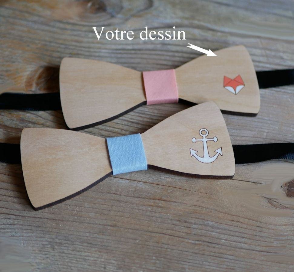 Houten vlinderstrik, aanpasbaar ontwerp, gegraveerd en beschilderd, gemaakt in Frankrijk