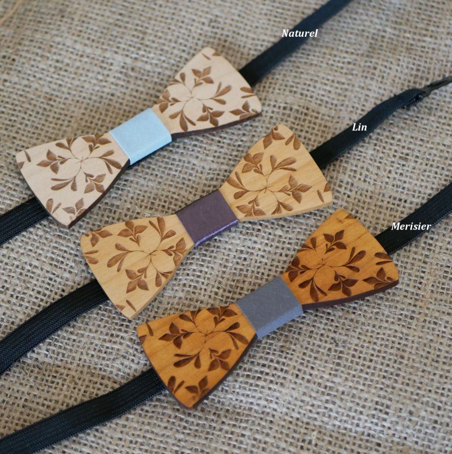 Houten mini strikje voor kinderen gegraveerd met bloemen, te personaliseren met hetzelfde model voor kinderen en mannen