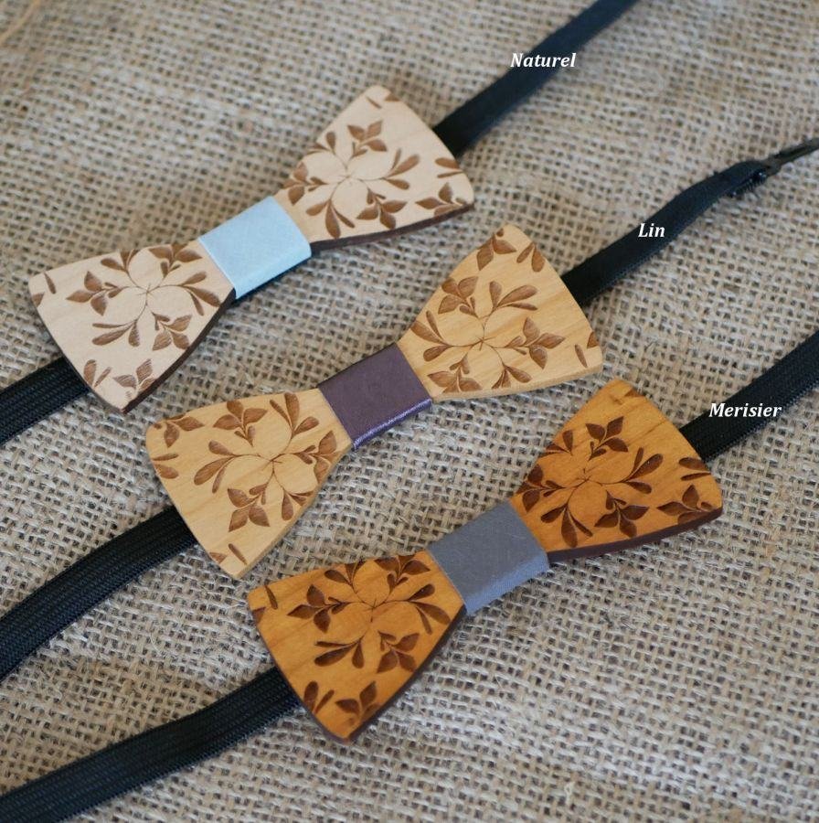 Houten mini strikje voor kinderen gegraveerd met bloemen, te personaliseren met hetzelfde model voor kinderen en mannen