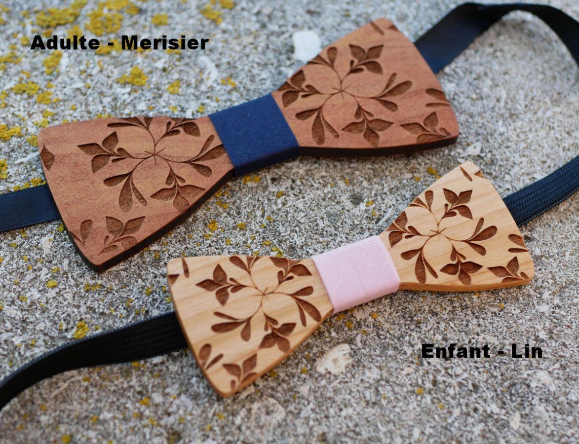 Houten vlinderdasje voor kinderen, gegraveerd met bloemen, te personaliseren, passend bij het herenmodel