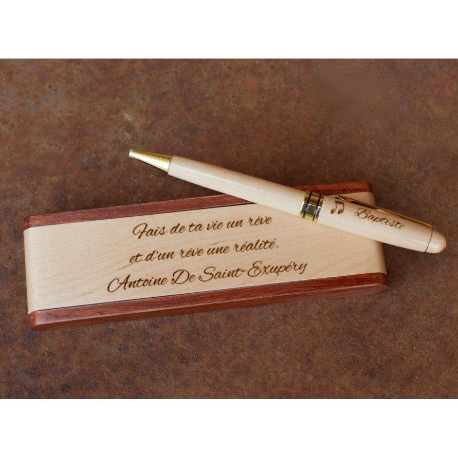 Houten pennendoosje met gegraveerde pen in een te personaliseren doosje 