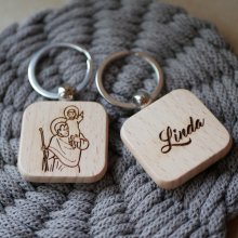 St Christophe vierkante houten sleutelhanger om te personaliseren door gravure