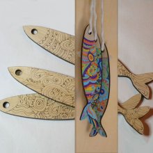 Wanddecoratie Sardines in hout gegraveerd om geschilderd te worden 